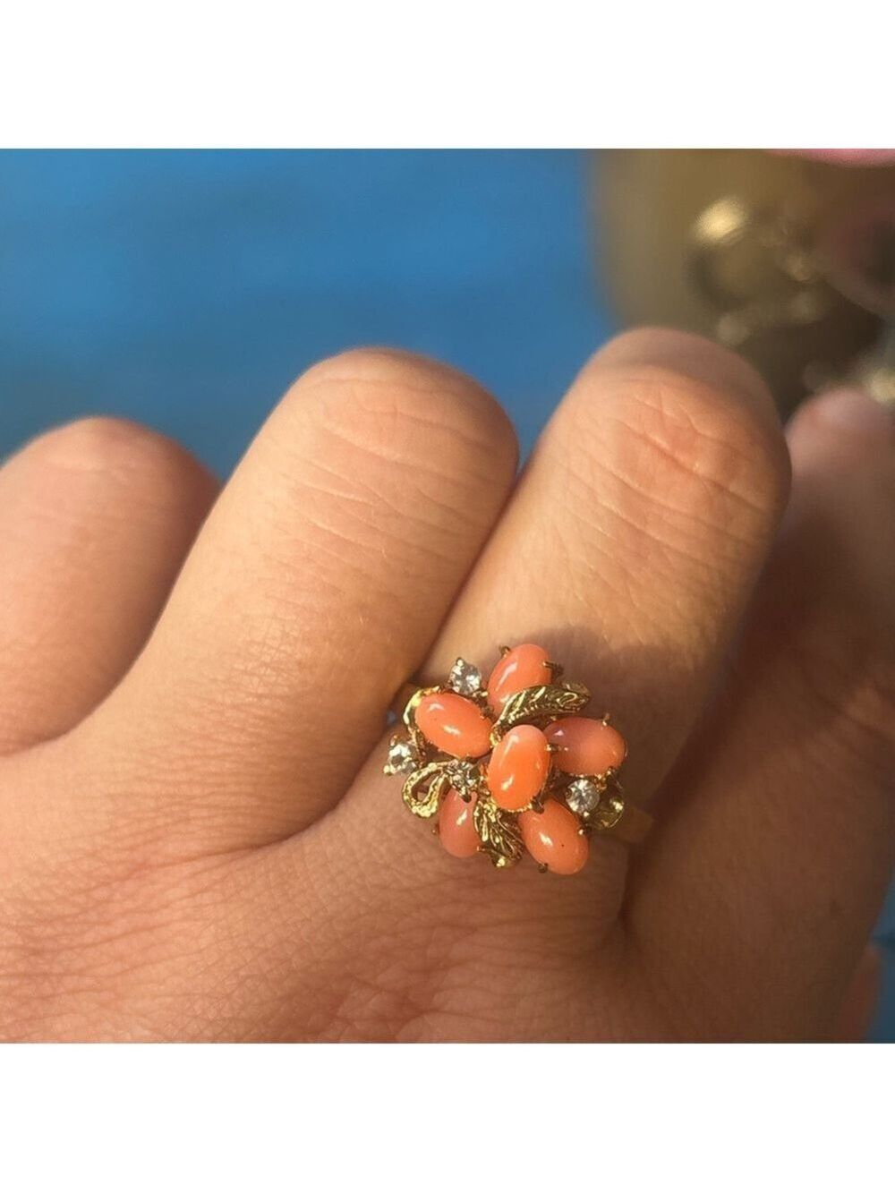 Vintage Gold-Tone Floral Faux Coral Ring • Sparkling Cluster Design • Size 10